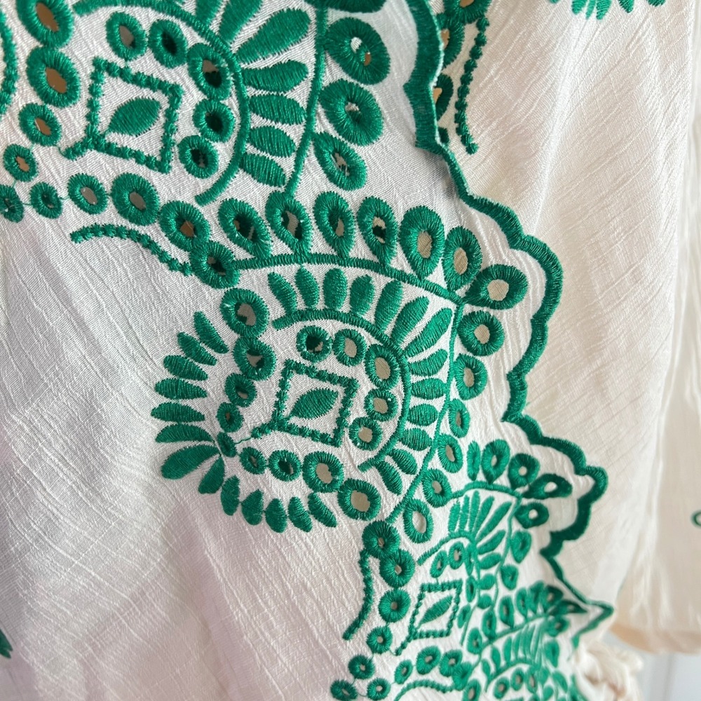 Hope Springs Boho Blouse L Womens Scalloped V-Neck Side Tie White Green - Picture 7 of 11